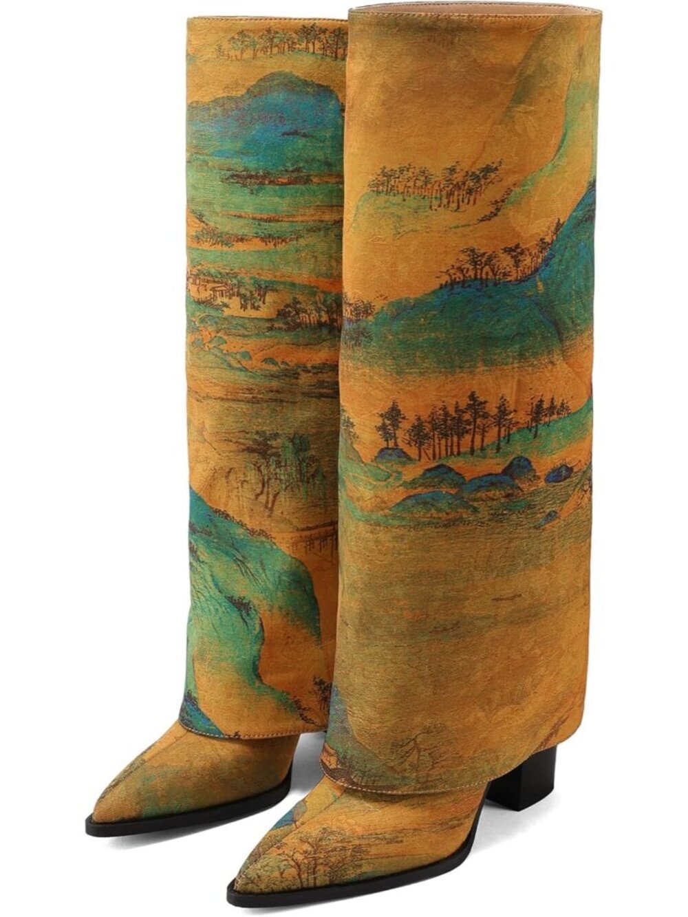 Women's Yellow Limited Edition Fabric Landscape Print Block Heel Cowgirl Boots